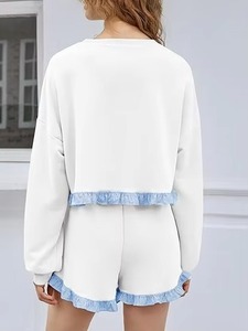 Sudadera Blanca Oversize de Punto Estampada para Mujer con Dobladillo con Volantes Azules, Cuello Redondo, Manga Larga, Estilo Casual Transpirable para Invierno - Product Image 3