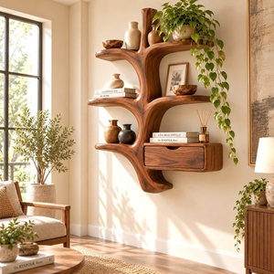 Luxali wooden Contemporary Unique Handmade Wooden <b>Wall</b> Shelf with Multi <b>Shelves</b> and Drawers Bookcase <b>for</b> Home Office Study Room - Product Image 5