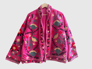 Veste en velours brodée de fleurs roses, col mandarin, manches longues, grande taille, vêtements d'automne pour femmes - Product Image 3