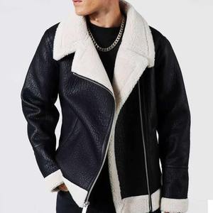 Textured Leather Winter <b>Jacket</b> Contrast <b>White</b> Shearling Collar Asymmetric Zipper <b>Men</b> Casual Outerwear Thick Thermal Coat - Product Image 1
