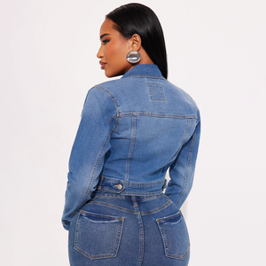 Women's <b>Cropped</b> <b>Denim</b> <b>Jacket</b> Stonewashed Cotton Button Front Regular Fit Solid Color Casual Autumn Style Made in Pakistan - Product Image 2