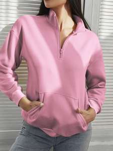 Sudadera de mujer con media cremallera, estampada en rosa, de algodón polar transpirable, holgada, con hombros caídos, estilo casual, para otoño. - Product Image 3