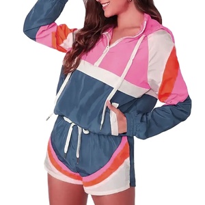 2026 Women's Casual <b>Short</b> Sleeve Windbreaker Outfits With Elastic Waist Stand Collar Color Block Design Hot Summer Clothing - Product Image 1