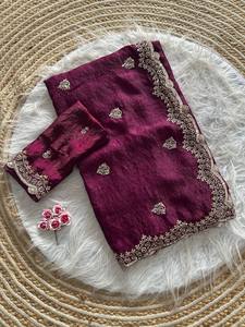 Sari en Georgette Douce de Luxe avec Broderie et Bordure Découpée, Tenue de Mariage Indienne, Vente en Gros avec Blouse - Product Image 1