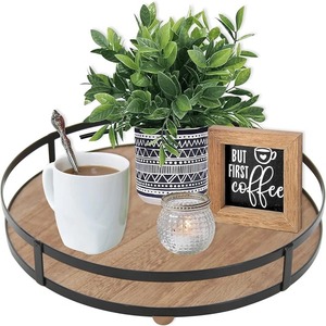 Bandeja Decorativa Redonda de Madera con Marco Metálico, Diseño Moderno Rústico para Exhibición en Mesa de Centro - Product Image 3
