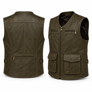 Chalecos de Cuero para Hombre con Múltiples Bolsillos y Estilo Utilitario |   Gris Oliva, Borgoña, Marrón Coñac |   Fabricante OEM ODM |   Diseño de Calidad Premium - Product Image 3