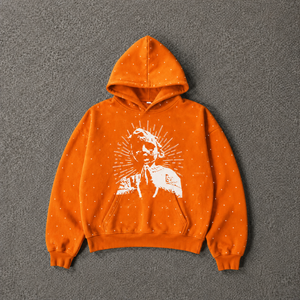 Sudadera con Capucha Gráfica Naranja con Diseño de Abeja de Pedrería, Oversize, Estilo Urbano, de Algodón Lavado, Unisex, Moda Casual - Product Image 5