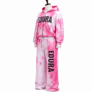 Custom Vintage High-Street Rhinestone Tracksuit Tie <b>Dye</b> <b>Spray</b> Wash Print Acid Wash Double Waistband Sweatpants Sweatsuit Set - Product Image 4