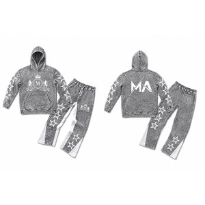 Conjunto de chándal gris con capucha y efecto acid wash, con estrellas blancas y pantalones largos con cordón de 350 gsm, 100% algodón, estilo streetwear. - Product Image 3