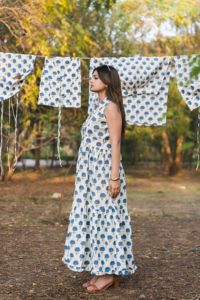 Vestido Maxi Boho con Estampado de Árboles Azules, Sin Mangas, Corte en A, Holgado, con Volantes en el Bajo, Vestido Casual de Verano de Algodón y Fibra de Bambú - Product Image 4