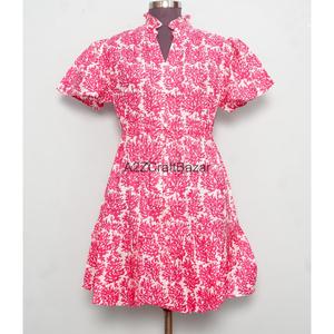 Robe courte bohème pour femme, coupe trapèze, 100% coton tricoté, imprimé numérique floral palmiers, col en V, manches courtes, idéale pour le bureau - Product Image 2