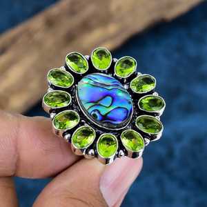 Wholesale Handmade 925 Sterling Silver <b>Abalone</b> <b>Shell</b> and Peridot Cluster Ring Opaque Gemstone Flower Statement Rings For Women - Product Image 1