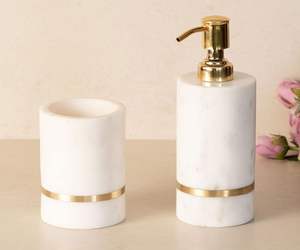 Nouveauté : Ensemble de salle de bain en marbre durable avec distributeur de savon, porte-brosse à dents, porte-savon et gobelet - Product Image 4