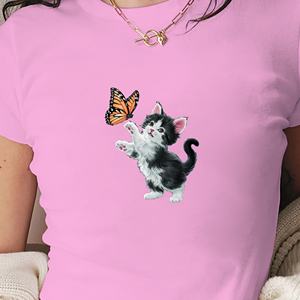เสื้อยืดสั้นแฟชั่นผู้หญิงลายลูกแมวถึงผีเสื้อ - Product Image 4