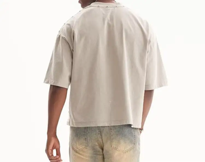 Men Premium Quality Vintage Wash <b>Distressed</b> Casual Covered Button Summer Breathable Eco-Friendly Quick Dry Cropped T-Shirt - Product Image 3