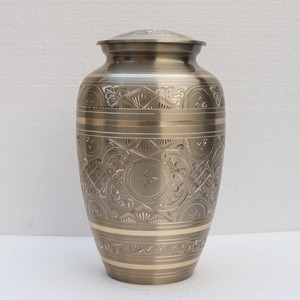 Full Engraved Brass Cremation Urn Platinum Finish Customizable Funeral Adult Ashes Urn Indian Urns Manufacturer Wide Range - Product Image 1