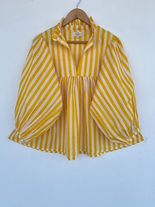 Women Formal Summer Yellow <b>White</b> Striped Print Shirt with Ruffle Neck <b>Balloon</b> Sleeves Gathered Flared Hem Top 100% Cotton - Product Image 1