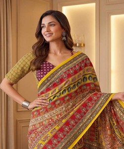 Sari Moderno de Seda Chinon con Estampado Digital Ajrak, Largo hasta el Suelo, con Trabajo de Espejo Real, Blusa sin Coser, Ropa de Boda para Mujer 85324 DVD - Product Image 2