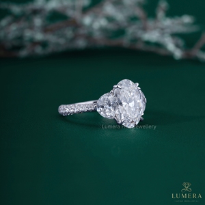 Oval Cut Lab Grown Diamond Three Stone Engagement <b>Ring</b> 14K 18K White Gold Half <b>Moon</b> Side Stone Pave Band Wedding Bridal <b>Ring</b> - Product Image 2