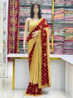 Sari en velours pur avec chemisier en soie Malai, broderie lourde, travail manuel, bordure fantaisie, tenue de fête traditionnelle, sari de mariée