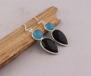 Natural Blue Chalcedony & Black Onyx <b>Earrings</b> 925 <b>Sterling</b> <b>Silver</b> Two-Stone Geometric <b>Dangle</b> <b>Earrings</b> Handmade Boutique Jewelry - Product Image 5