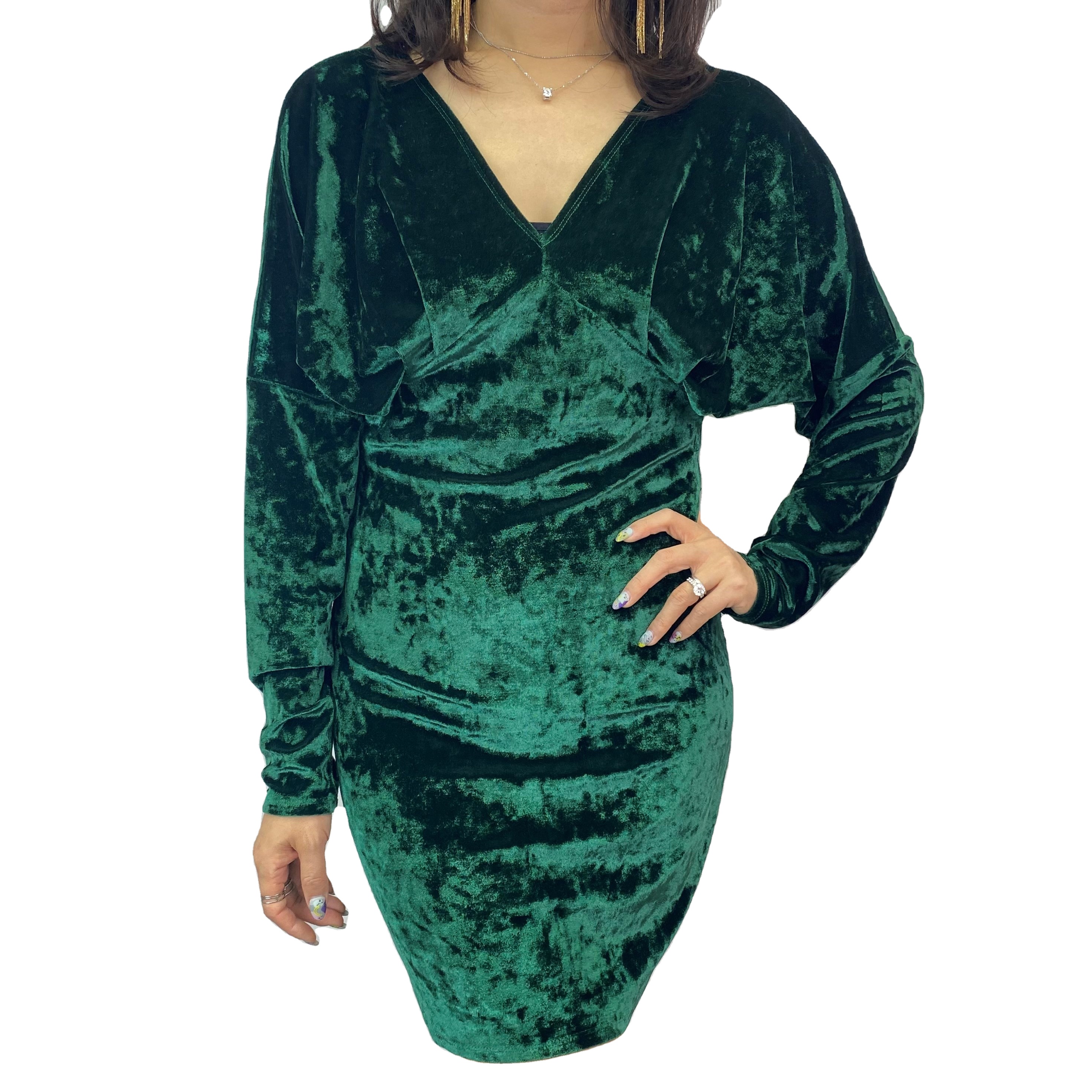 Женское трикотажное платье-мини с длинным рукавом летучая мышь и V-образным вырезом