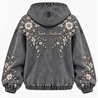 Blouson bomber gris en jean délavé pour femme avec broderie florale, manches lanternes et fermeture éclair – Collection automne – Vente en gros – Personnalisation OEM