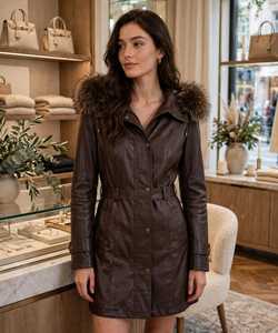 <b>Women's</b> Brown Genuine Leather <b>Parka</b> <b>Coat</b> <b>With</b> <b>Fur</b> Trim <b>Hood</b> Winter Jacket - Product Image 5