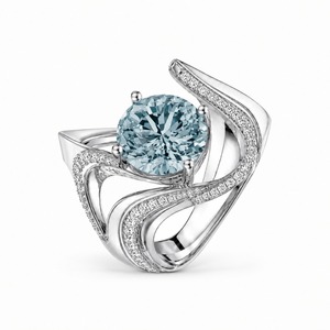 Bague de fiançailles ovale en aigue-marine, monture pavée en or blanc, sertie de griffes, bijoux fins romantiques pour femme - Product Image 1