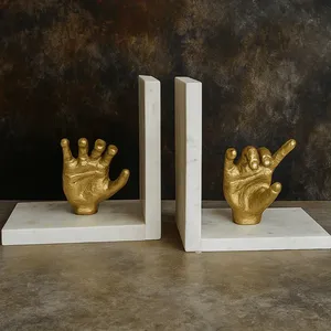 Luxury White Marble Art Deco Bookends with Gold Hand Sculptures Decorative Holder Home Office Bookshelf <b>Library</b> Display - Product Image 2