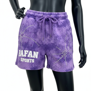 Shorts de Felpa de Algodón de 300 GSM, Lavado Ácido, Color Morado, Estilo Retro, con Pedrería, Logotipo Personalizado, para Mujer - Product Image 4