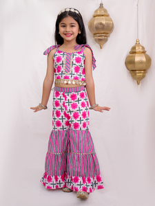 Cotton Woven Mesh Sleeveless Floral Printed Top & Sharara Set Outdoor Wear - Product Image 3