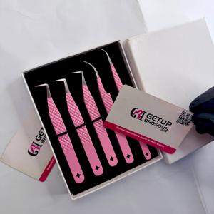 GETUP BROSONS IMPEX Light <b>Pink</b> Powder Coating Silver Glitter Diamond Grip Curved Stainless Steel Smooth Tip Eyelash Tweezers - Product Image 4