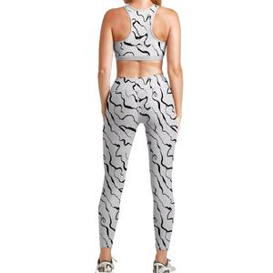 Women Gray Abstract Print Racerback Sports Bra Full Length Leggings Set Breathable Spandex Polyester Gym Wear - Product Image 2