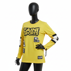 Camiseta de manga larga para mujer, algodón jersey GSM, amarilla con panel en contraste, estampado gráfico, logotipo personalizado, ropa urbana, camiseta de manga larga de algodón - Product Image 1