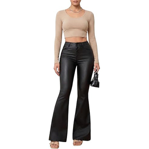 Pantalones de Cuero Genuino para Mujer, Cintura Alta, Corte Regular, Elásticos, de Cuero Sintético, Rectos, Ecológicos, Transpirables, Casuales - Product Image 2