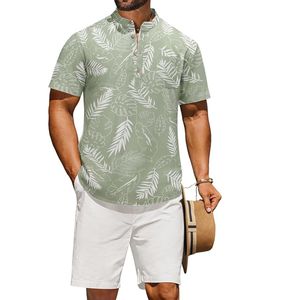 Men's Tropical Leaf Print Short Sleeve Shirt <b>Set</b> Casual Summer Outfit White and Green Top Breathable Cotton <b>Knitted</b> Fabric - Product Image 1