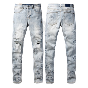 Jean en denim délavé bleu glace pour homme, coupe slim, taille mi-haute, extensible, longueur complète, coton lavé, cinq poches, style streetwear décontracté - Product Image 2