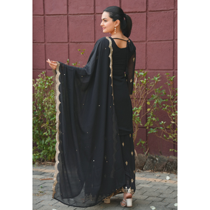 Elegant faux georgette embroidered salwar suit set with <b>sequins</b> work <b>top</b> palazzo dupatta stitched festive wear - Product Image 3