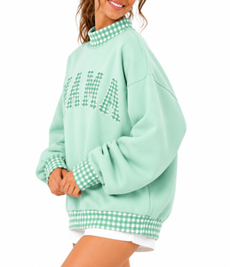 Wholesale <b>Women</b>’s <b>Christmas</b> Mock Neck <b>Sweatshirt</b> Custom Gingham Plaid Patchwork Embroidered Letter Oversized Casual Fleece - Product Image 2