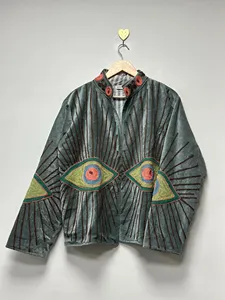 Chaqueta de terciopelo verde salvia de lujo con bordado de ojo turco multicolor, cuello alto, manga larga, ropa exterior de otoño para mujer - Product Image 2