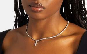 Collier pendentif croix en moissanite ronde de luxe, argent 925 plaqué rhodium, chaîne en boîte, usage quotidien chrétien, unisexe - Product Image 2