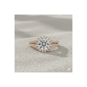 Bague de fiançailles ronde à halo de diamants, plaquée or et platine, pour un style minimaliste certifié - Product Image 1