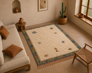 Tapis berbère marocain fait main en laine, noué à la main, minimaliste, style Beni Ourain, avec bordure tribale - Product Image 6