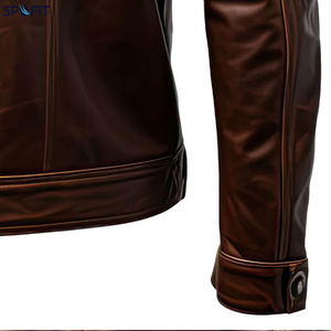 Blouson de motard rétro décontracté pour homme en cuir PU marron, imperméable, avec bretelles et col rabattable, multi-poches - Product Image 6