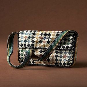 Bolso de hombro de lona con cuentas de cristal a cuadros geométricos para mujer, bandolera de fiesta, bolso de mano con solapa - Product Image 1