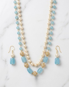 Collar de Perlas Blancas de Dos Capas Chapado en Oro de Lujo con Piedras Preciosas Azul Cielo, Joyería de Boda Hecha a Mano para Mujer - Product Image 2