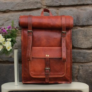 Luxury Brown Leather <b>Roll</b> Top <b>Backpack</b> Classic Aesthetic Laptop Rucksack For High End Retail LTBP-0299 - Product Image 2