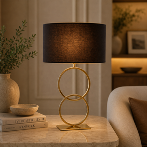 Harmony Double Ring Metal Table Lamp with Black <b>Drum</b> <b>Shade</b> Gold Finish Sculptural Base Elegant Ambient <b>Lighting</b> - Product Image 1