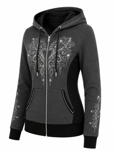 Women's Sparkly <b>Rhinestone</b> Hoodie Crystal Zip Front Sweatshirt Long Sleeve Hooded <b>Jacket</b> for Casual Daily Wear Comfort - Product Image 4